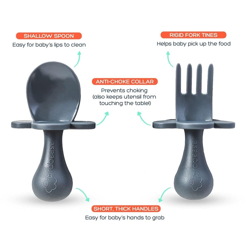 Grabease Baby Feeding Utensils Set - Ergonomic Grip for Self-Feeding - Anti-Choke Collar & Toddler Cutlery Safety - Dishwasher Safe & Travel-Ready Baby Feeding Set - Gray, Pack of 1 - Image 4